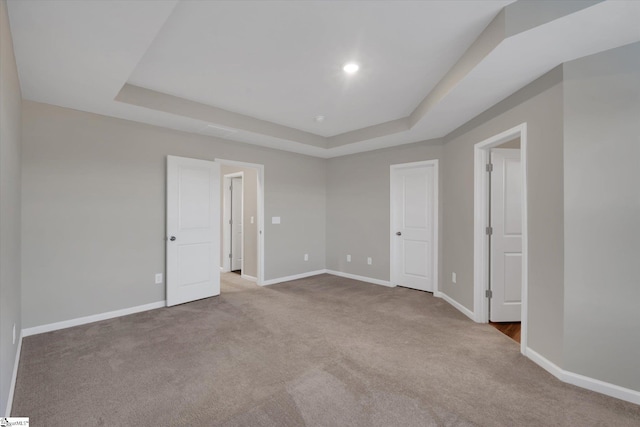 carpeted spare room featuring a raised ceiling