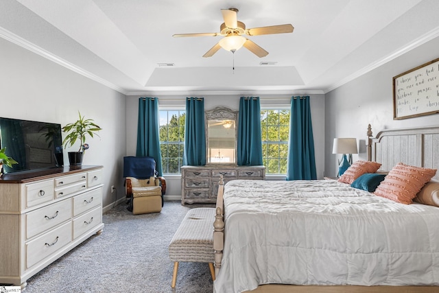 bedroom featuring ceiling fan, a tray ceiling, and multiple windows