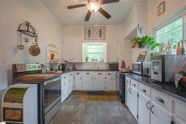 kitchen with appliances with stainless steel finishes, ceiling fan, white cabinetry, and sink