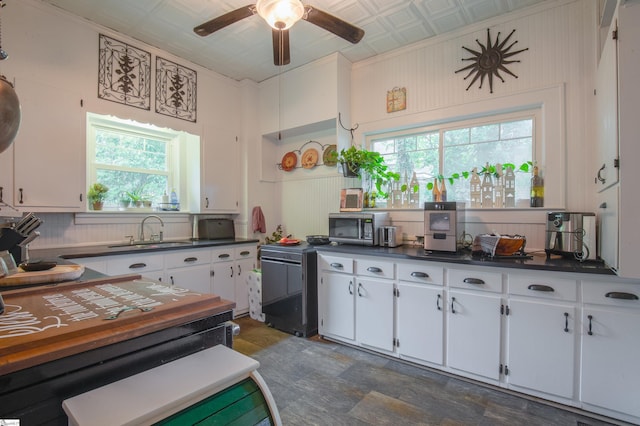 kitchen featuring ceiling fan, white cabinetry, and sink