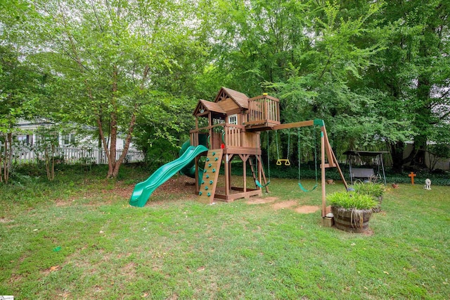 view of jungle gym featuring a yard