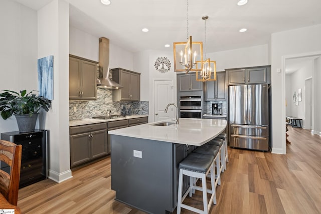 kitchen featuring stainless steel appliances, sink, wall chimney exhaust hood, an island with sink, and backsplash