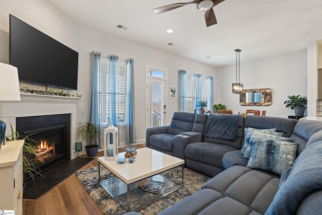 living room featuring ceiling fan and hardwood / wood-style flooring