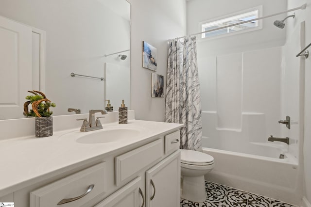 full bathroom with shower / tub combo, tile patterned floors, vanity, and toilet