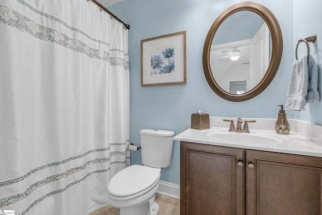 bathroom with toilet, tile patterned flooring, ceiling fan, and vanity