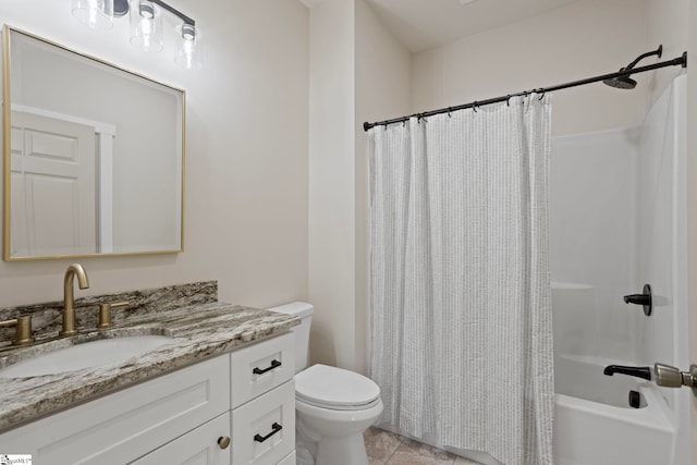 full bathroom with toilet, tile patterned floors, shower / bath combo, and vanity