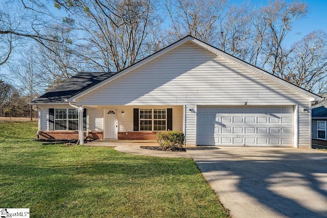 ranch-style home with a garage and a front yard