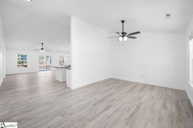 unfurnished living room with lofted ceiling, ceiling fan, and light hardwood / wood-style flooring