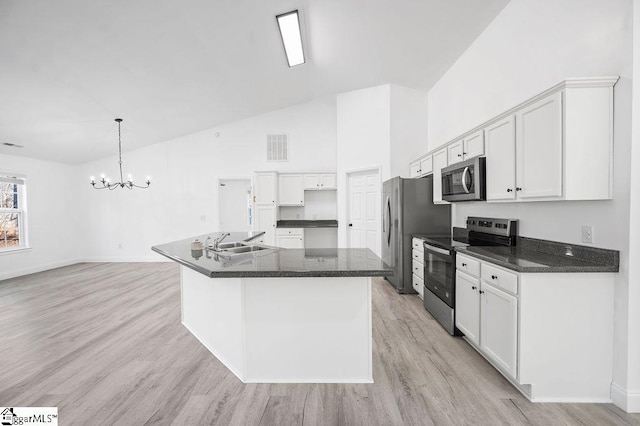 kitchen with white cabinets, a center island with sink, appliances with stainless steel finishes, and pendant lighting