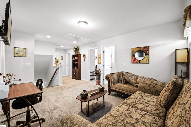 living room featuring light carpet