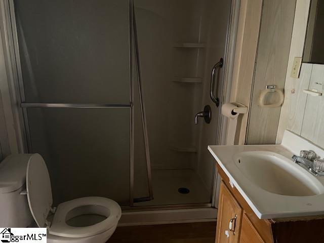 full bathroom with vanity, a shower stall, and toilet