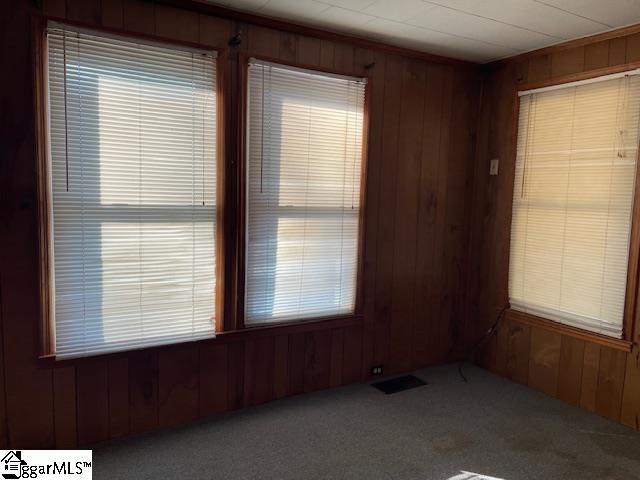 empty room featuring carpet, visible vents, and wood walls