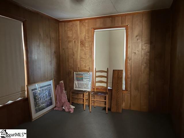 misc room with carpet and wood walls