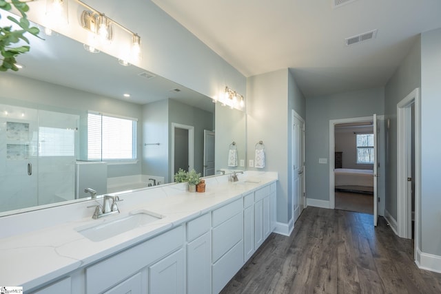 bathroom featuring hardwood / wood-style floors, shower with separate bathtub, vanity, and a healthy amount of sunlight