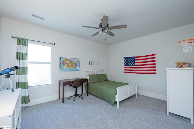 bedroom featuring ceiling fan and carpet floors