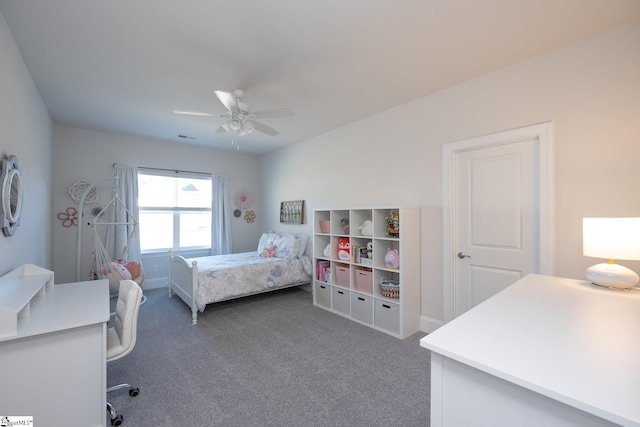 bedroom with ceiling fan and dark carpet