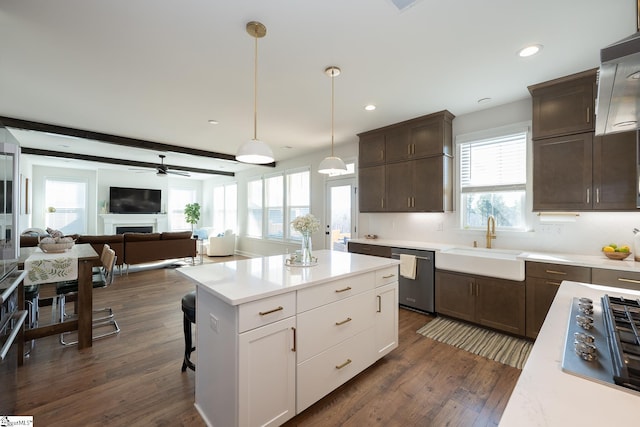 kitchen with dark hardwood / wood-style floors, decorative light fixtures, stainless steel dishwasher, white cabinets, and sink