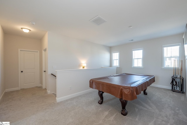 rec room with light colored carpet, a healthy amount of sunlight, and pool table