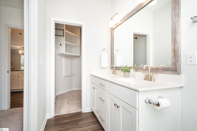 bathroom with wood-type flooring and vanity