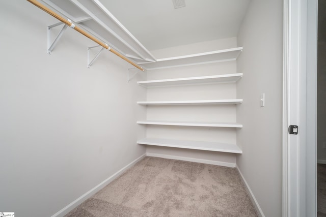 spacious closet featuring light colored carpet