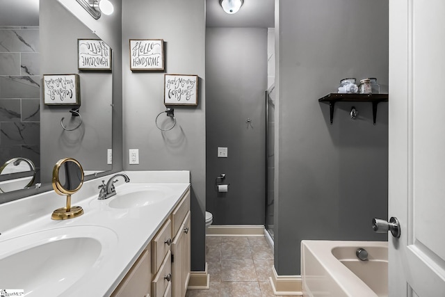 full bathroom with plus walk in shower, toilet, tile patterned flooring, and vanity