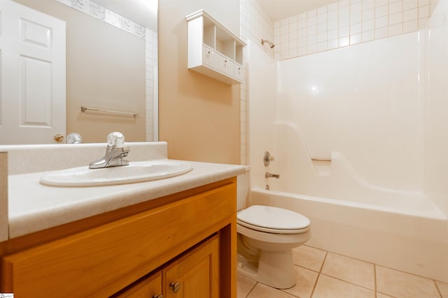 full bathroom with shower / bathtub combination, toilet, vanity, and tile patterned flooring