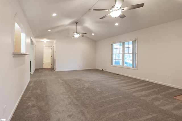 unfurnished room featuring ceiling fan, carpet floors, and lofted ceiling