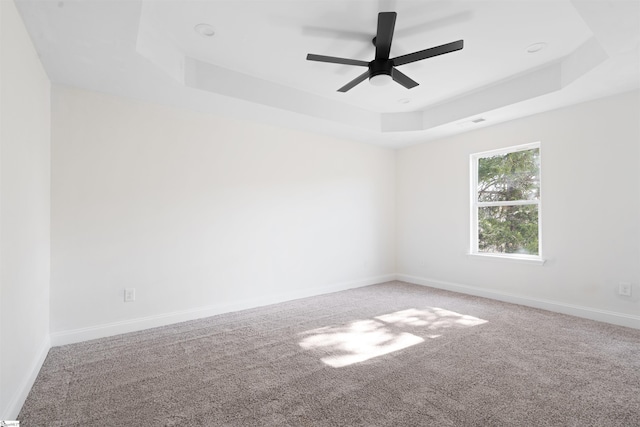 spare room with carpet floors, a raised ceiling, and ceiling fan