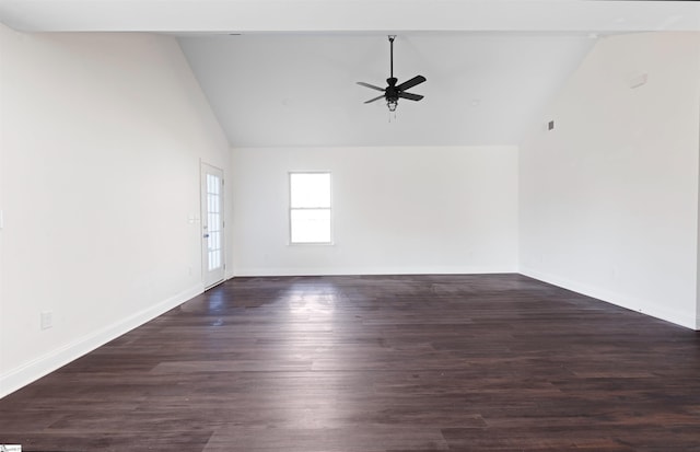 empty room with ceiling fan, dark hardwood / wood-style flooring, and high vaulted ceiling