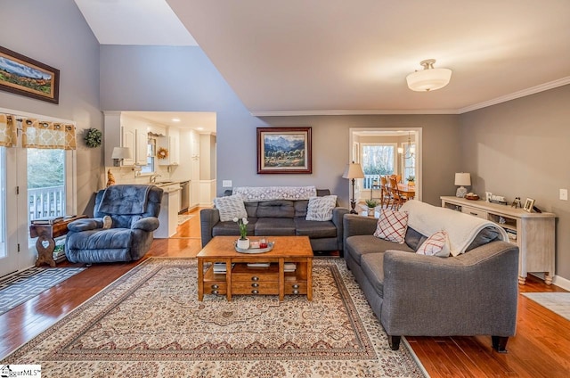 living room featuring ornamental molding, light hardwood / wood-style flooring, and sink