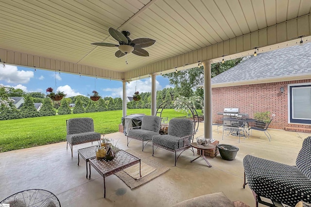 view of patio with ceiling fan, grilling area, and an outdoor hangout area