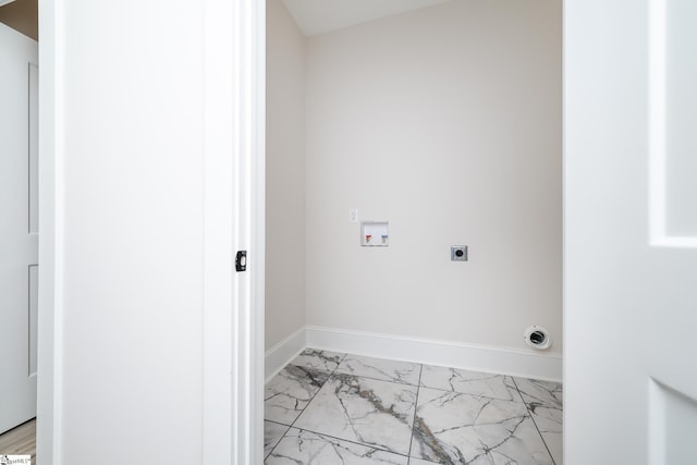 washroom featuring marble finish floor, hookup for a washing machine, electric dryer hookup, laundry area, and baseboards