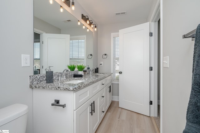 bathroom featuring toilet, hardwood / wood-style flooring, and vanity