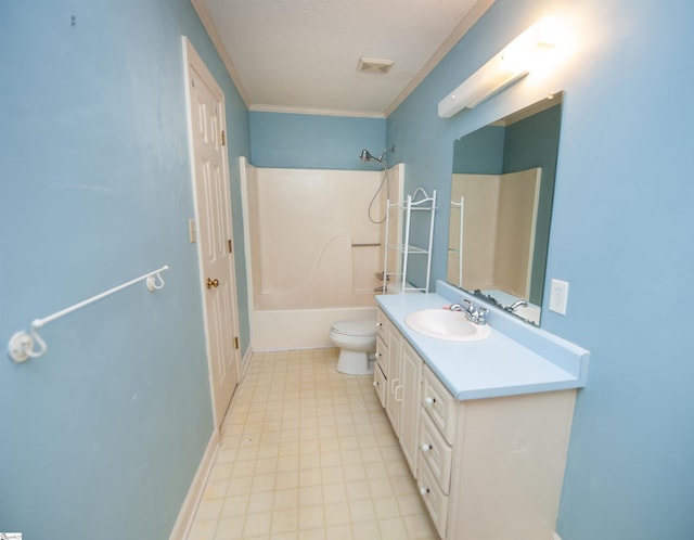 full bathroom with toilet, crown molding, a textured ceiling, vanity, and shower / bath combination