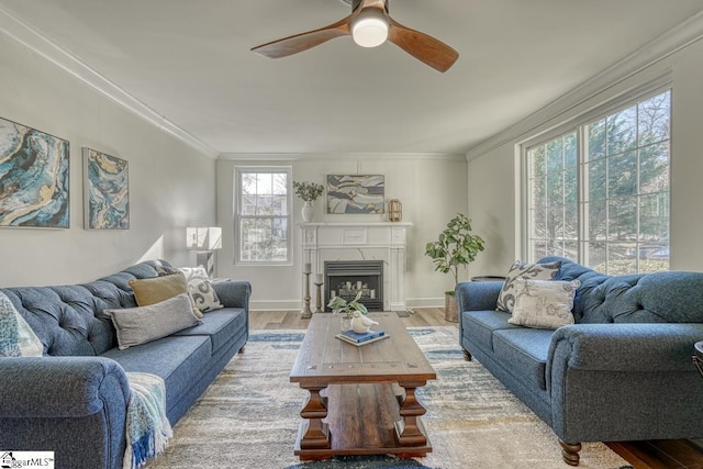 living room featuring ceiling fan, wood-type flooring, a premium fireplace, and ornamental molding