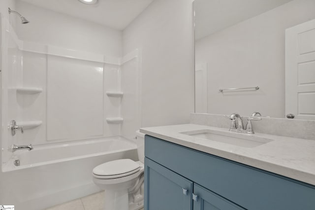 full bathroom with washtub / shower combination, toilet, tile patterned floors, and vanity