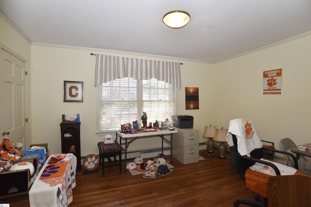 office area featuring crown molding and dark wood-type flooring