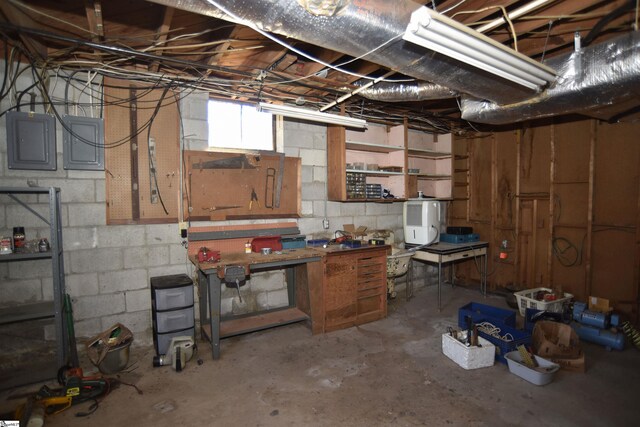 basement with electric panel and a workshop area