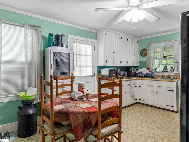 dining space featuring ceiling fan, sink, and ornamental molding