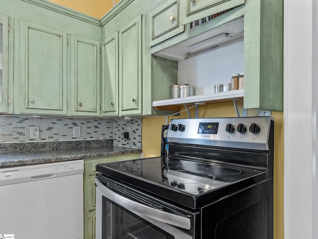 kitchen with green cabinets, dishwasher, backsplash, and electric stove