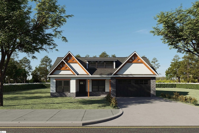 craftsman inspired home with a front lawn and a garage