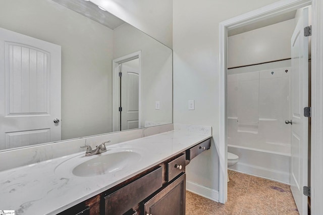 full bathroom featuring vanity, shower / washtub combination, and toilet