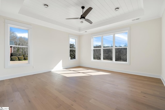 spare room with ceiling fan, plenty of natural light, wood-type flooring, and a raised ceiling