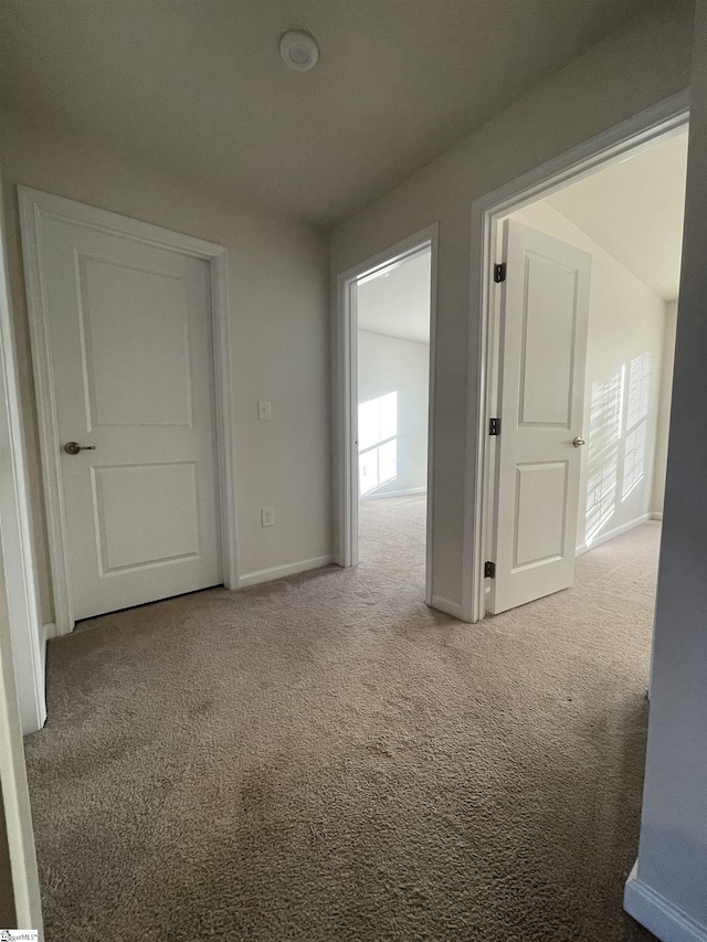 hall with vaulted ceiling and carpet flooring