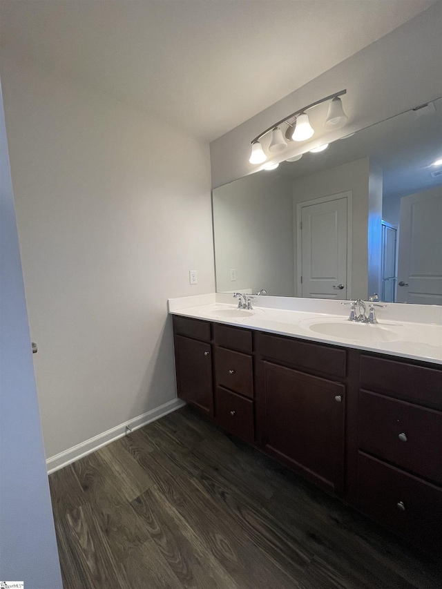 bathroom with wood-type flooring and vanity