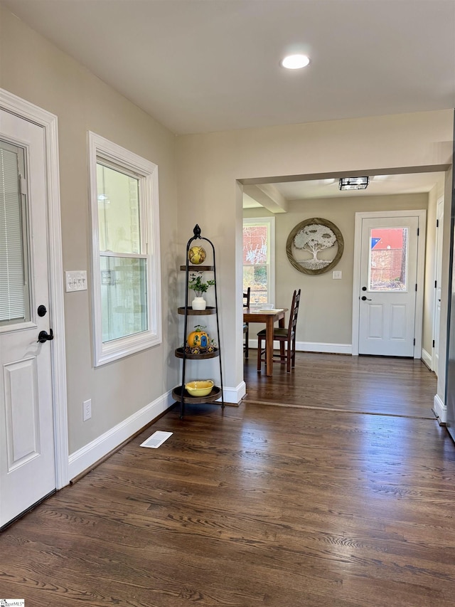 entryway with dark hardwood / wood-style flooring and a wealth of natural light