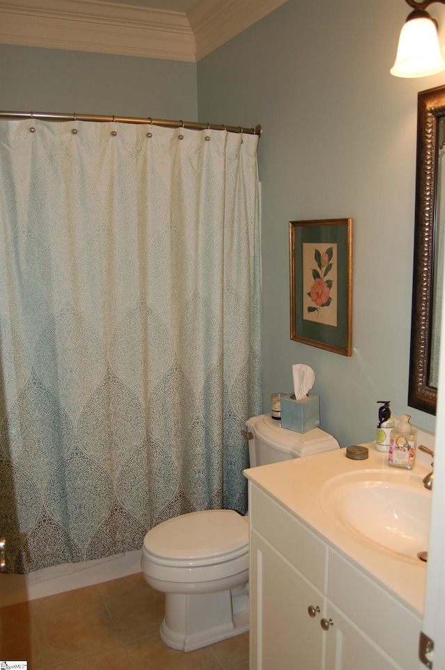 bathroom with tile patterned flooring, vanity, toilet, ornamental molding, and vaulted ceiling