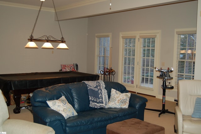 living room with carpet, billiards, and crown molding