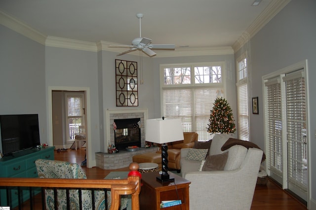 living room with ceiling fan, crown molding, a fireplace, and dark hardwood / wood-style floors