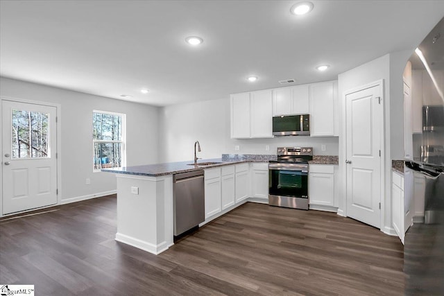 kitchen with dark hardwood / wood-style floors, kitchen peninsula, sink, stainless steel appliances, and white cabinets